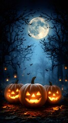 Spooky Halloween night with three carved pumpkins illuminating dark forest with full moon in background and flying bats