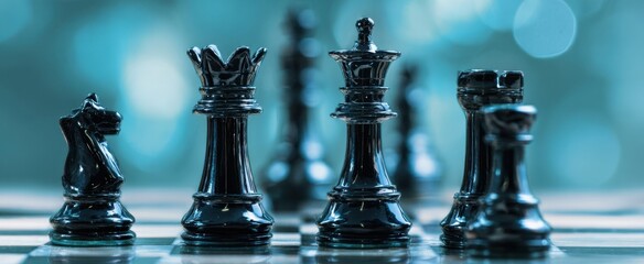 The elegant black chess pieces strategically positioned on a reflective board.