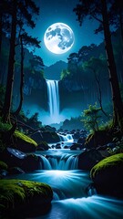 Lush waterfall at night under a full moon