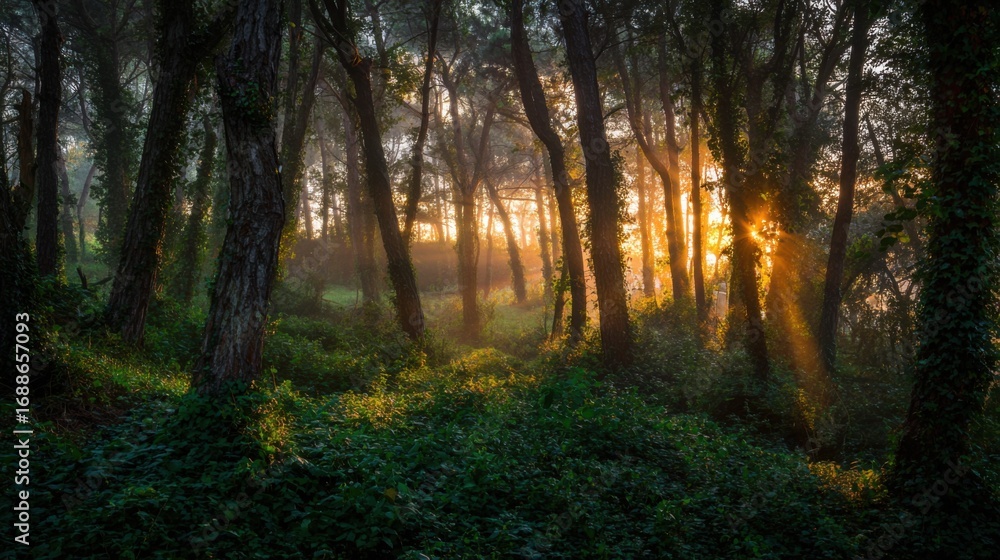 Poster soft light streams through tall trees in a peaceful forest, illuminating lush greenery and creating 