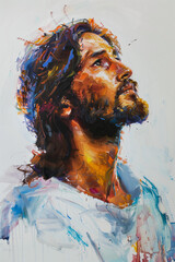 Oil painting portrait of Jesus Christ with emotional expression on white background