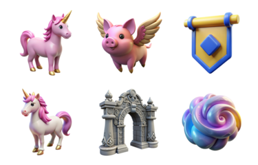 Magical mythical creature icons bundle set featuring unicorns pigs castle gate and swirl for games transparent background