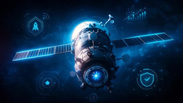 Neon Satellite Spacecraft Shield Rocket Graph Video Thumbnail Space Display