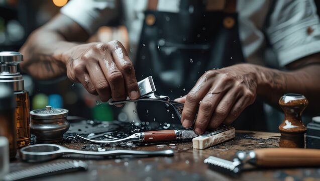 A barber meticulously cleans a straight razor, water droplets suspended in air, highlighting the precision and cleanliness essential in a professional barbershop