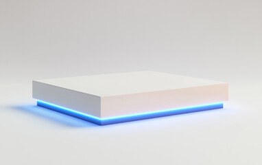 White square podium with blue neon light isolated on white background