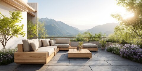 Stylish Wooden Patio Set with Cozy Cushions and Sunrise Over Mountain Range - A cozy, modern wooden patio set with plush cushions, positioned in front of a stunning sunrise over a mountain range.