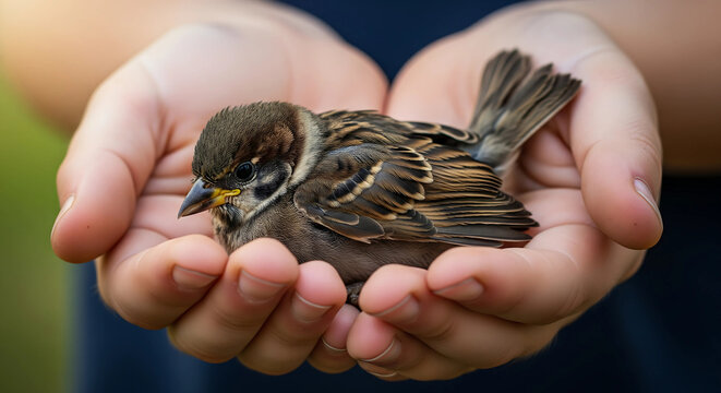 Close up of a small bird gently held in human hands