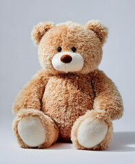 Fototapeta premium Classic Brown Teddy Bear Toy Sitting Alone, an Icon of Childhood and Comfort.