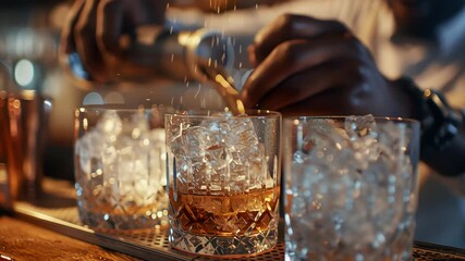Bartender pouring alcoholic beverage into glasses with ice in slow motion