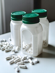 White Supplement or Medicine Bottles with Spilled Capsule Pills for Health and Wellness.