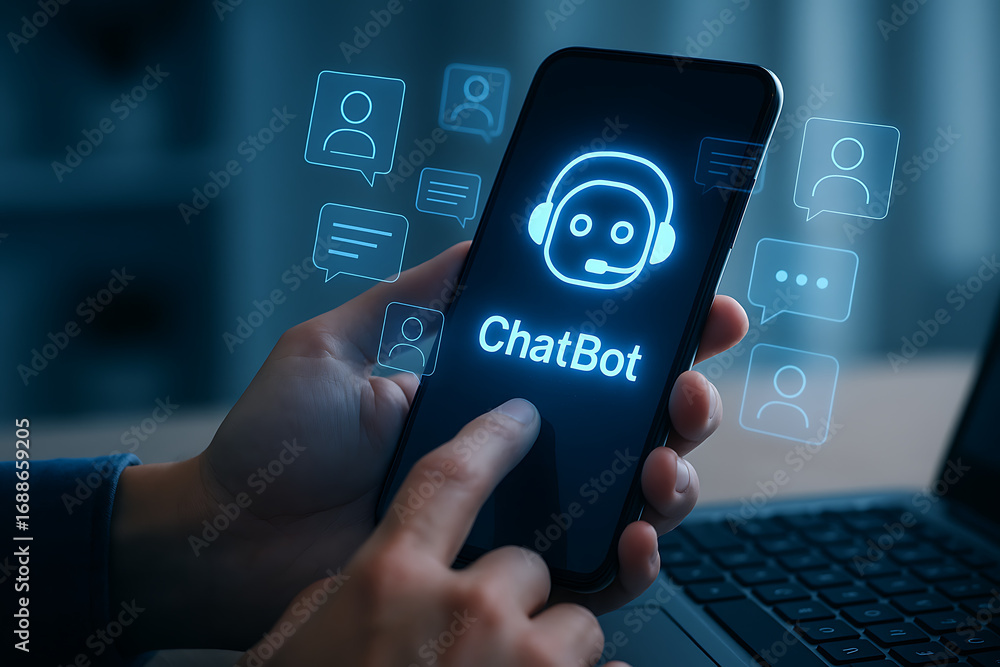 Aufkleber chatbot technology concept with a person holding a smartphone showing a conversational ai assistant 