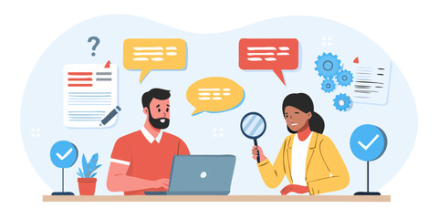 Diverse team collaborating on a project using a laptop and magnifying glass with communication bubbles and gears