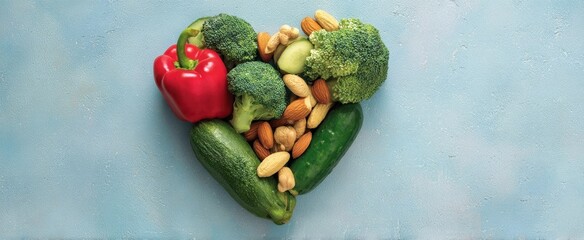 The Heart-Shaped Arrangement of Fresh Vegetables and Nuts Illustrating Health and Wellness