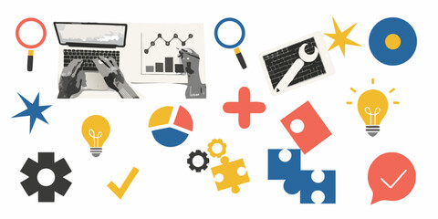 Creative collage of business and strategy icons representing ideas analysis and solutions