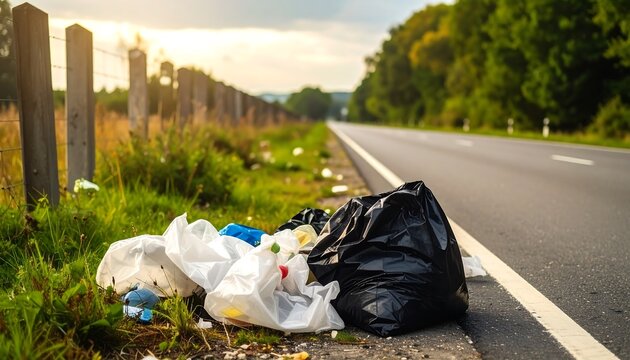 Trash dumped beside a highway at sunset