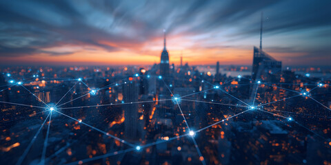 Obraz premium Blockchain network on blurred skyscrapers background.