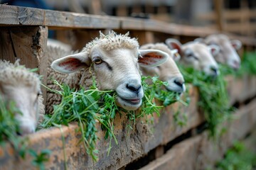 High Detail Picture of a Group of Sheep Eating Grass From a Green Plant in a Fenced in Area