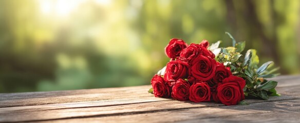 The beautiful bouquet of red roses resting on a wooden table.