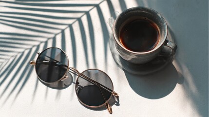 Overhead shot of coffee in a textured mug, sunglasses, and plant shadow on a white surface, evoking relaxation and a simple, sunny morning
