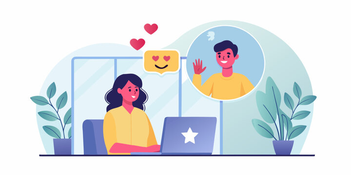 Young woman video calling a man with hearts and a happy emoji showing affection and connection