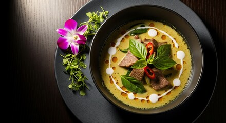 Delicious Green Curry with Beef A Culinary Delight, plate styled for restaurant, advertising, and culinary magazine use