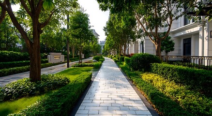 Fototapeta premium A clean and elegant pathway made of white bricks winds through lush green hedges in the background