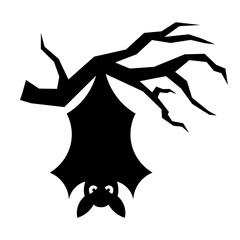 Black and white silhouette of a bat hanging on a branch. Halloween decor. Dracula. Night dweller on a white background.