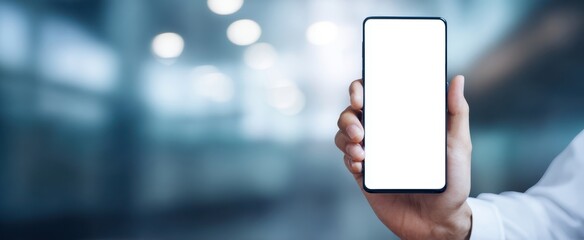 The smartphone held in hand against a blurred modern background.