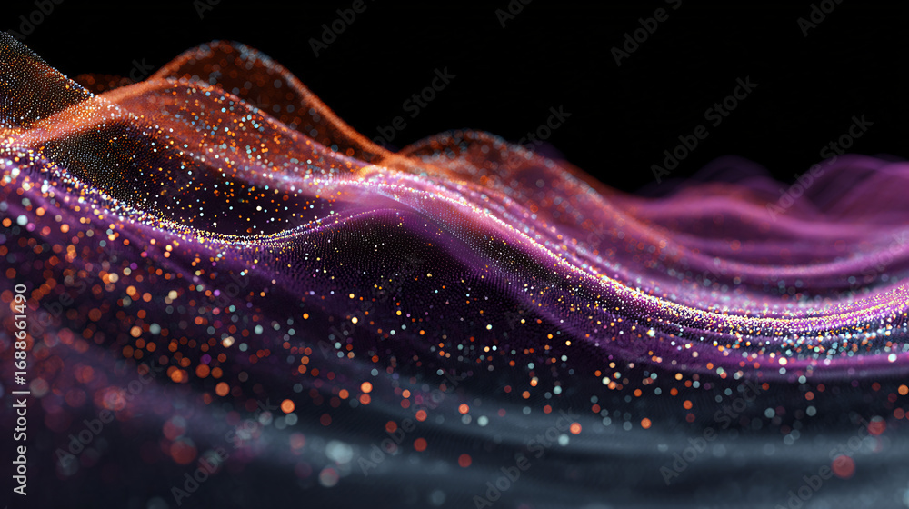 Poster vibrant abstract digital wave pattern with shimmering particles and bokeh effect