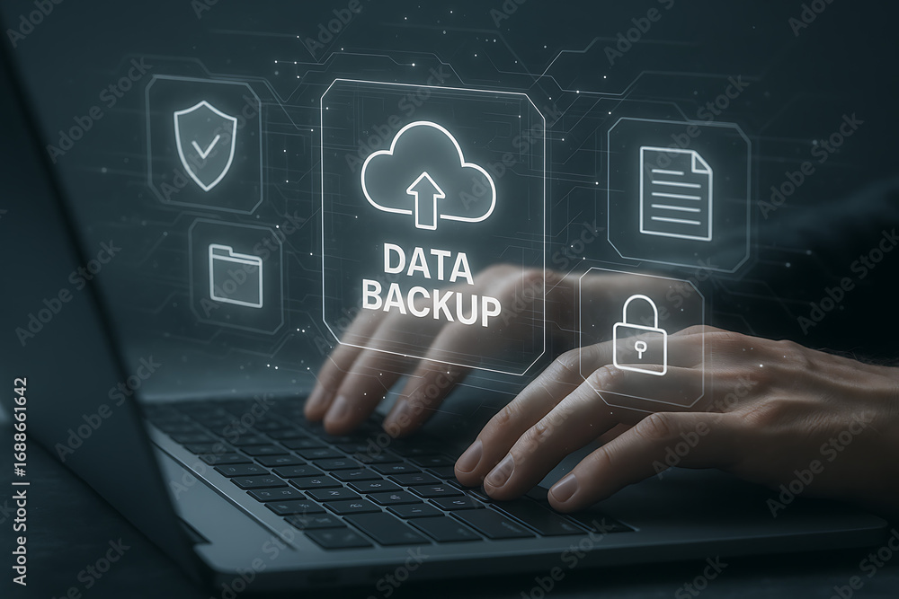 Aufkleber data backup and cloud computing concept with a person using a laptop to securely store and protect d