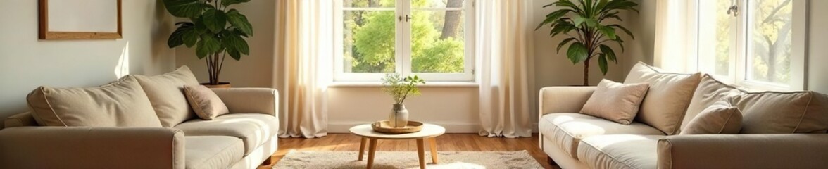 Serene Morning Light Bathes Minimalist Living Room, Natural Textures & Calming Neutrals; Perfect for Lifestyle, Home Decor, and Wellness Content.