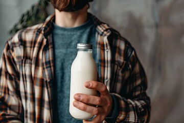High Resolution Picture of Man with Bottle of Goats Milk Closeup