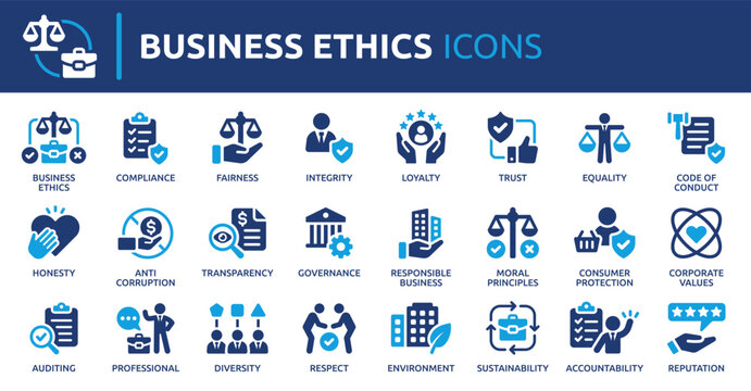 Business ethics icon set. Compliance, fairness, integrity, loyalty, trust, equality, code of conduct, honesty, anti corruption, transparency. Solid vector symbol collection.