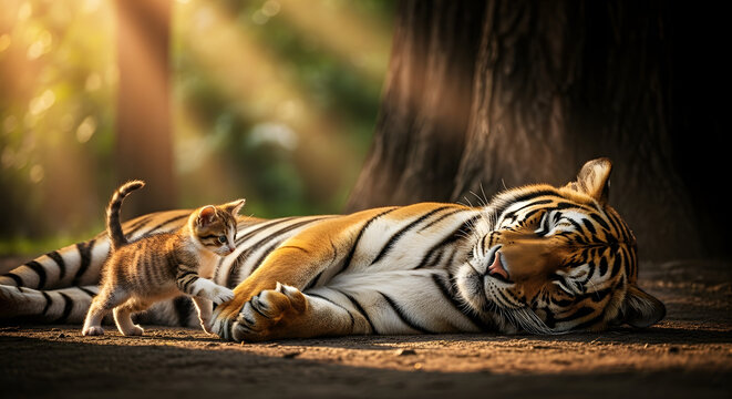 Playful Kitten and Resting Tiger: A Heartwarming Wildlife Encounter - Powered by Adobe