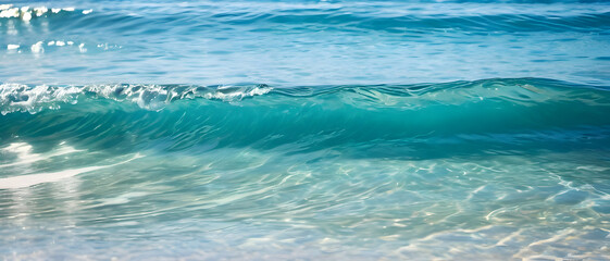 Obraz premium Crystal clear turquoise ocean wave rolling toward the sandy shore in bright sunlight.