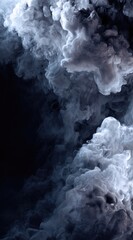 Abstract, ethereal cloudscape with swirling white and gray formations against a dark backdrop, creating a dramatic and atmospheric visual effect