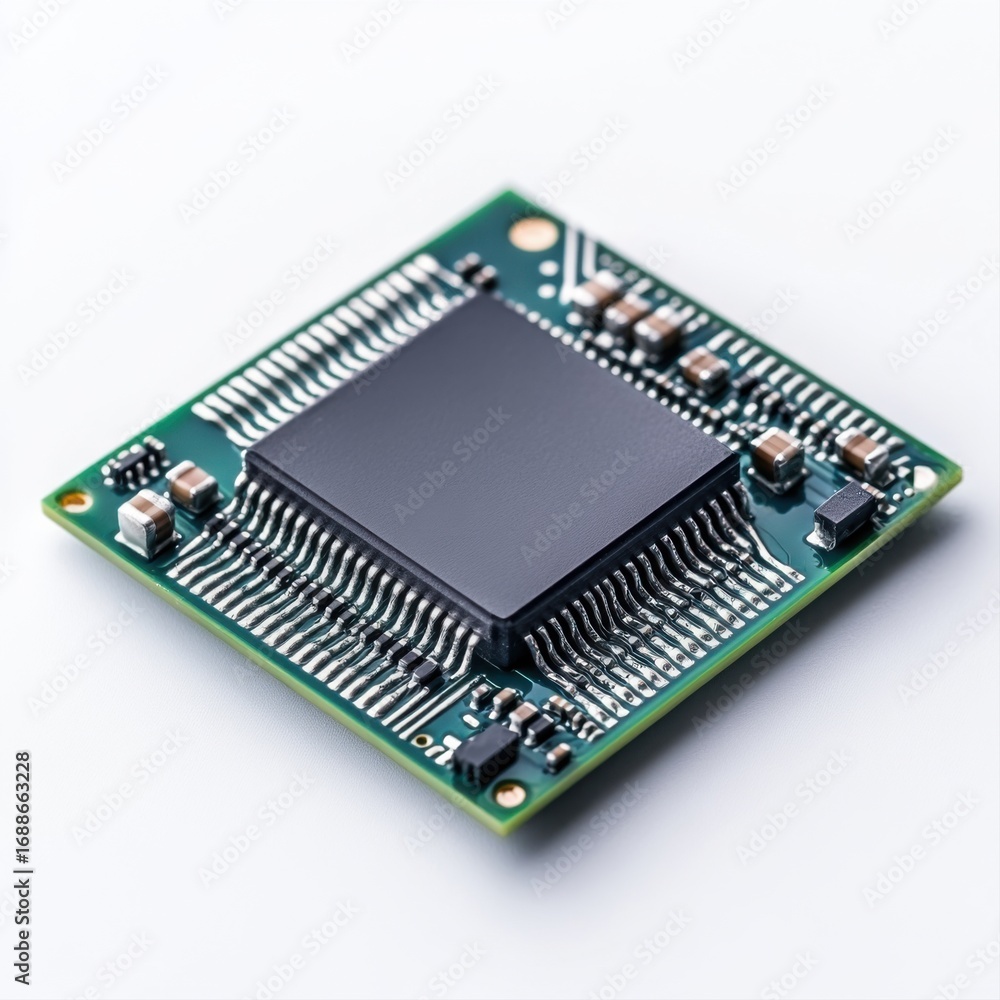 Poster close-up view of a microchip on green circuit board with electronic components