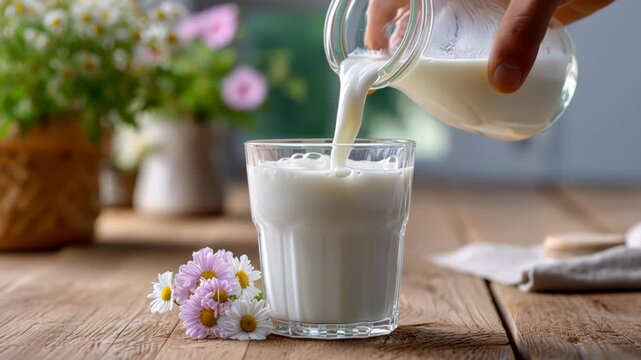 Pouring kefir yogurt into glass cup close-up. Glass with kefir or milk, lactic acid product dairy products concept. Drinking fresh lactose free in morning.