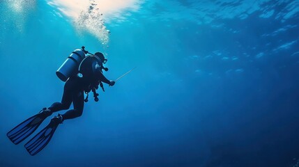 Underwater Exploration by Diver with Scuba Gear and Bubbles Rising