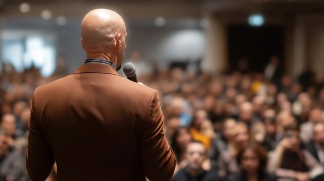 Speaker addressing audience at business conference or seminar leadership and motivation event in modern hall	