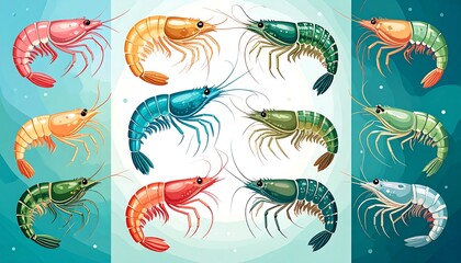 Colorful shrimp illustrations in various positions and colors