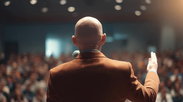 Speaker addressing audience at business conference or seminar leadership and motivation event in modern hall