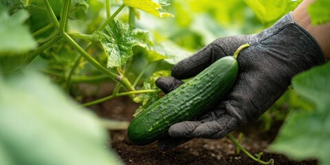 The hand gently harvesting a fresh cucumber from lush green plants.