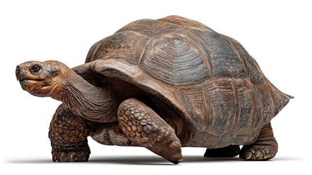 A Galapagos tortoise detailed with scaly legs and textured shell stands on a plain white surface