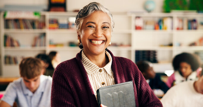 Students, teacher and woman with tablet, portrait and app for curriculum, smile and pride. Mature person, high school and tech with confidence, about us and career ambition with happiness or educator