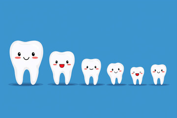 Obraz premium set of cute funny cartoon character happy white healthy tooth smile on blue isolated background. Banner template for pediatric dentistry and children's stomatology