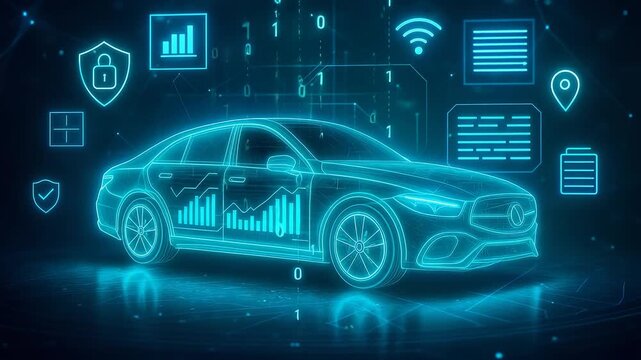 Smart connected car with digital data analysis, security, and Wi-Fi icons showcasing automotive technology and innovation