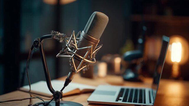 Professional studio microphone with pop filter on desk near laptop recording podcast music or radio broadcasting modern technology and media production concept