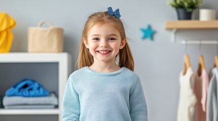 Cheerful Young Girl Smiling in Cozy Room with Light Blue Sweater