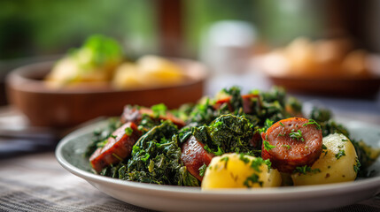 Traditional Meal with Potatoes, Sausage, and Steamed Greens in Cozy Setting